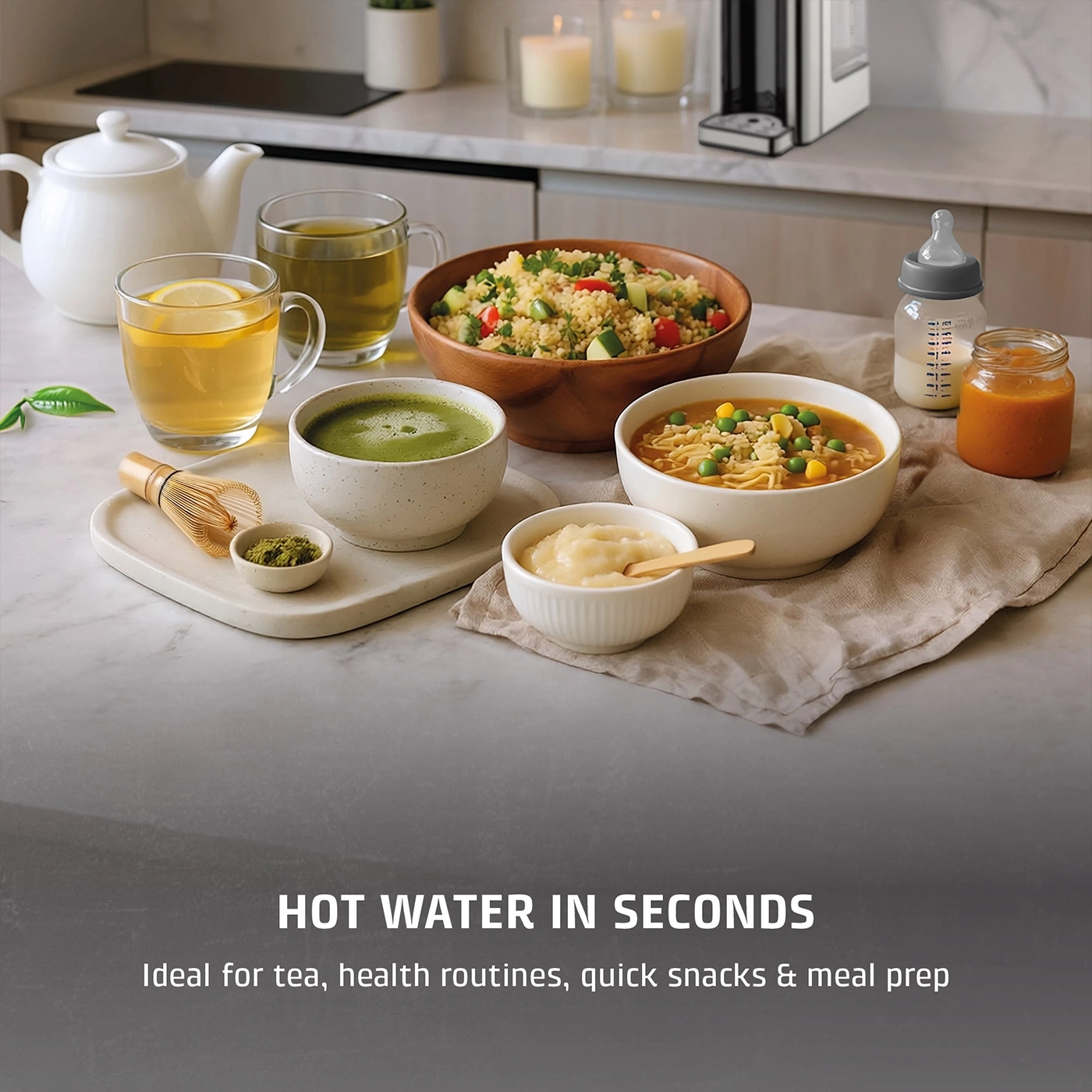 Hot water in seconds for tea, health routine, snacks & meal prep