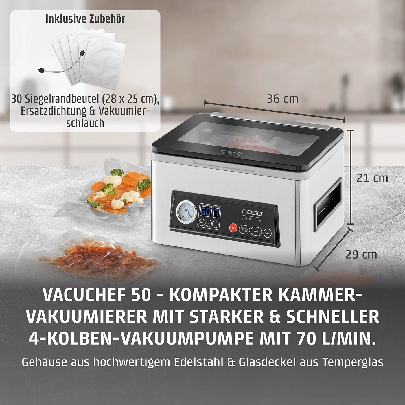 Vakuumierer mit Zubehör, 36x21x29cm, Edelstahlgehäuse, Glasdeckel, 70L/min Pumpe, 30 Beutel