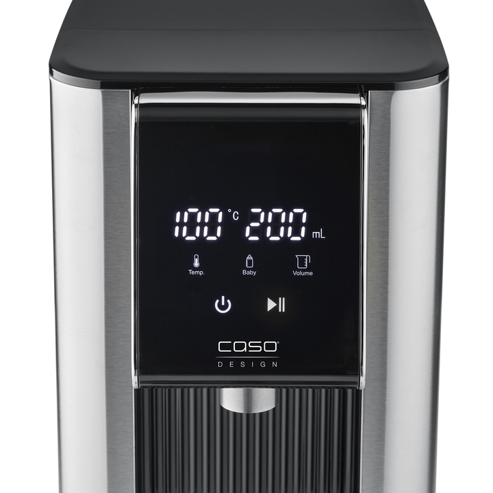 Stainless steel water boiler with digital display showing temperature and volume