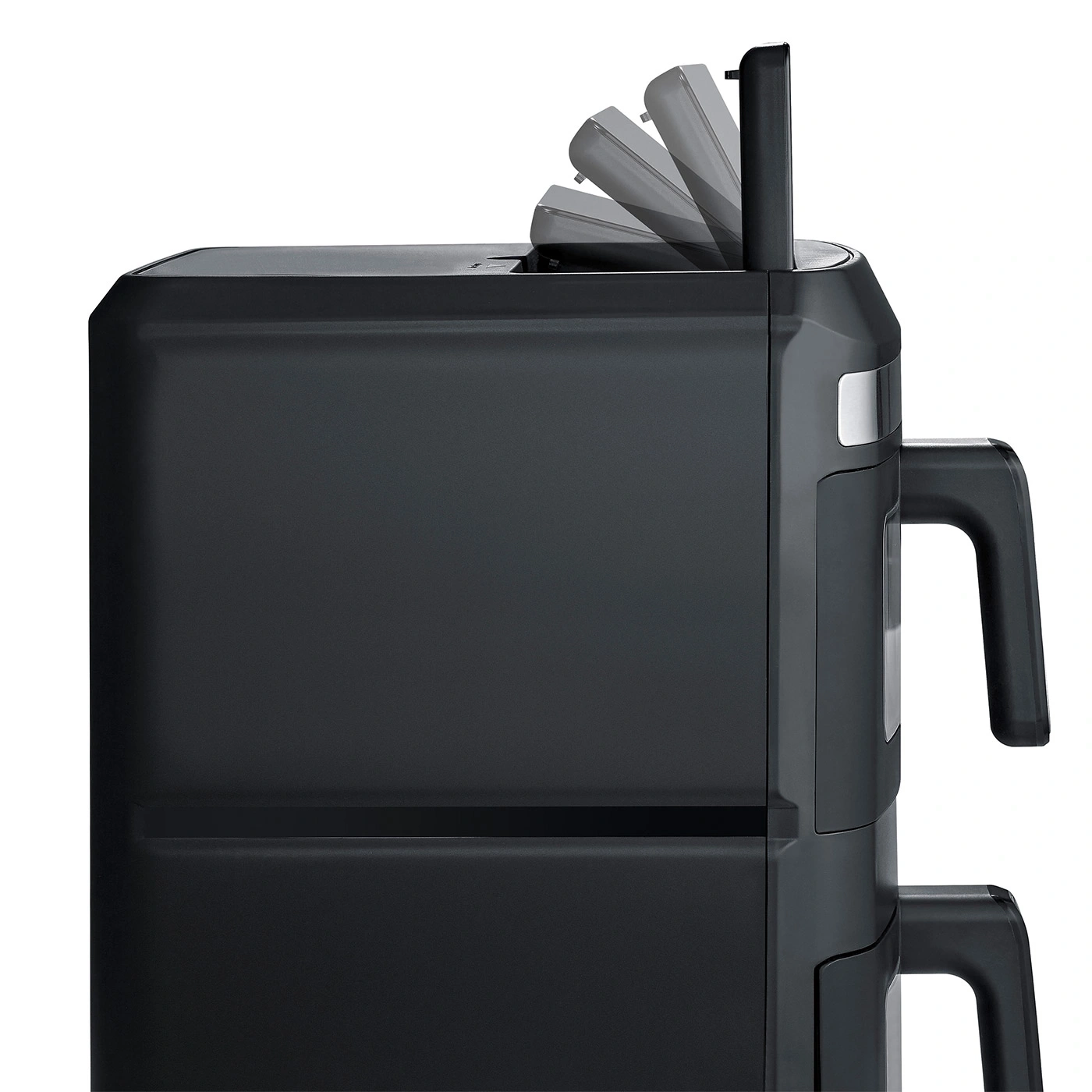 A black kitchen appliance with a flip-up lid