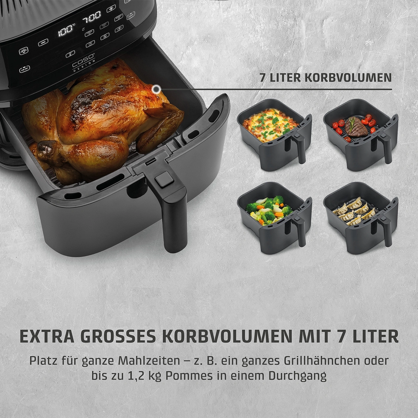 Luftfritteuse mit Hähnchen und verschiedenen Speisen, 7 Liter Korbvolumen.