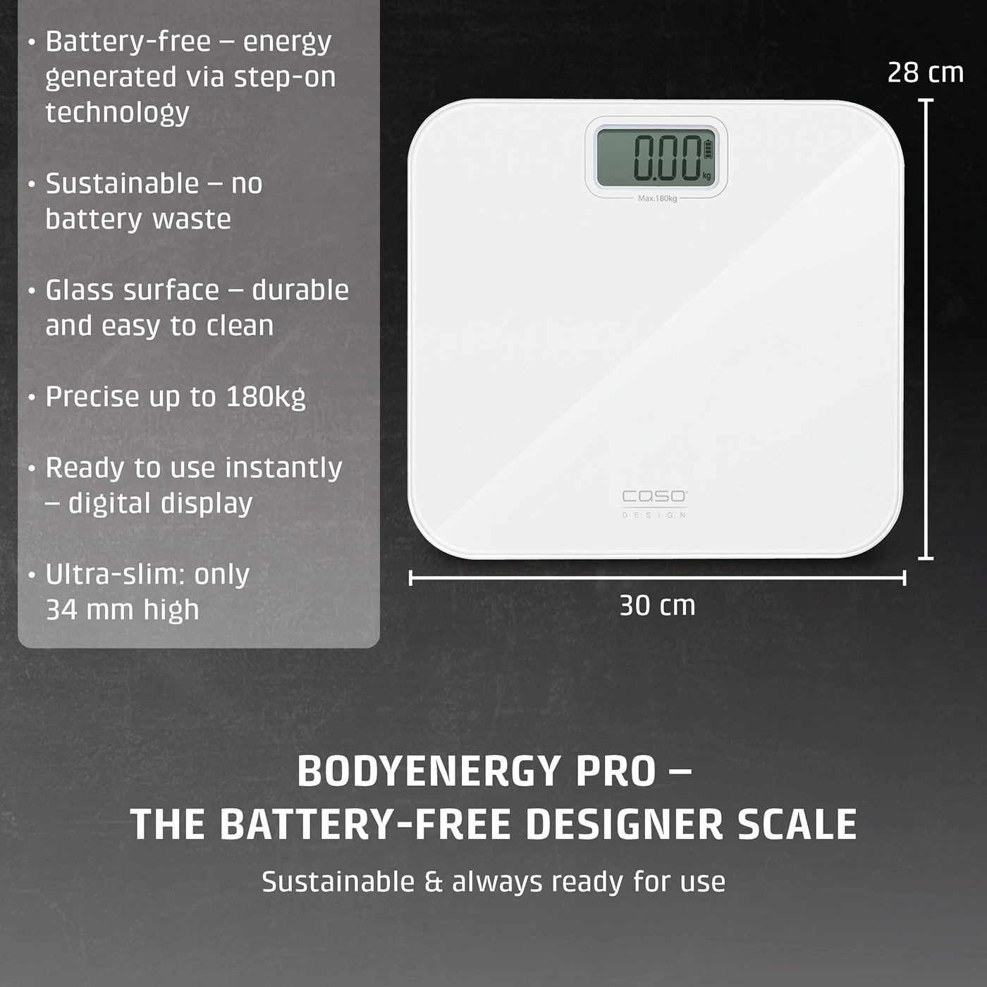Battery-free digital scale with a glass surface and step-on technology.