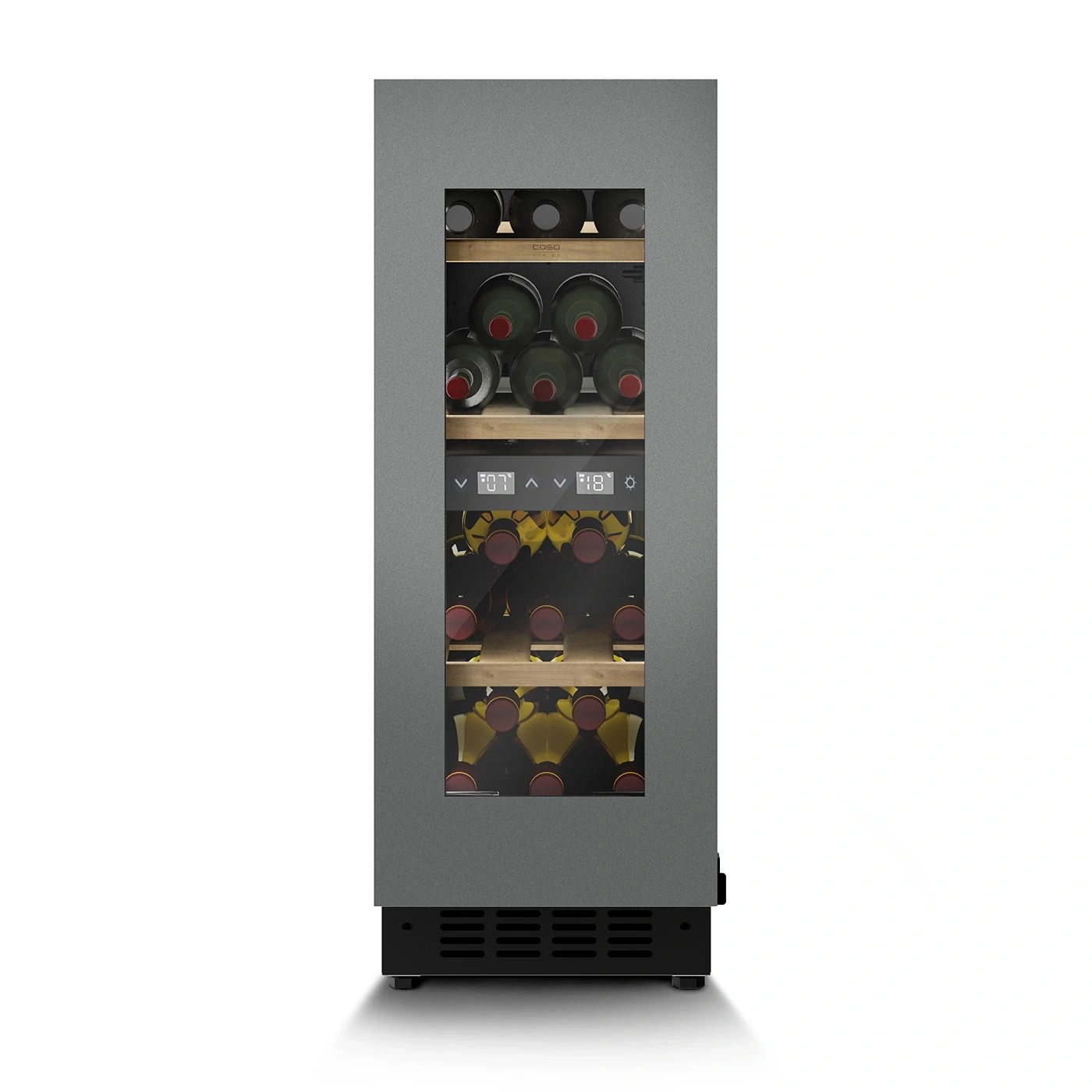 Ein moderner grauer Weinkühlschrank mit Glastür und Holzböden, gefüllt mit Weinflaschen, mit digitaler Temperaturanzeige.