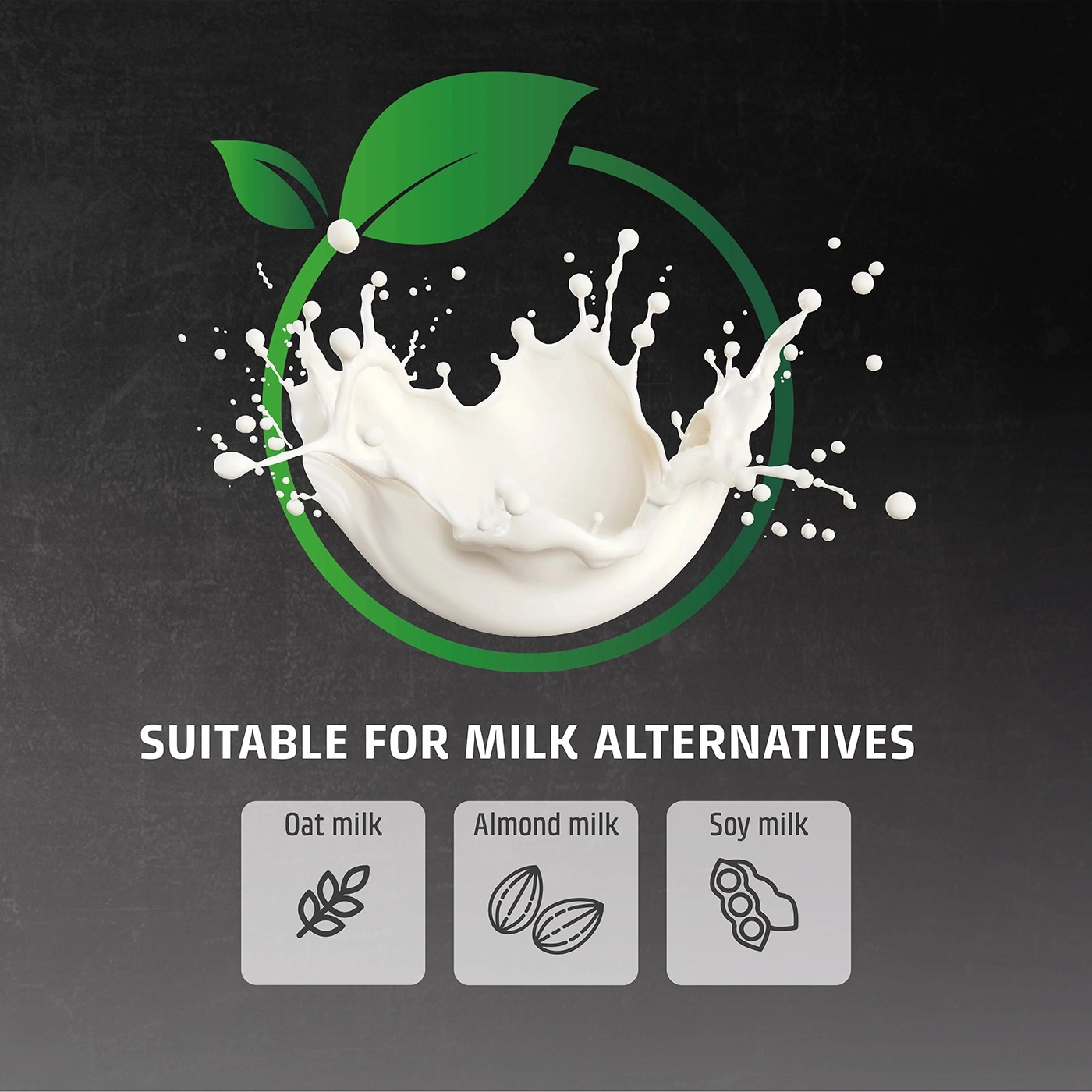 Milk alternative advertisement with oat, almond, and soy milk options