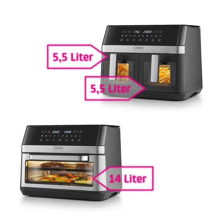 Luftfritteuse mit zwei Körben und einer Kapazität von 5,5 Litern und 14 Litern.