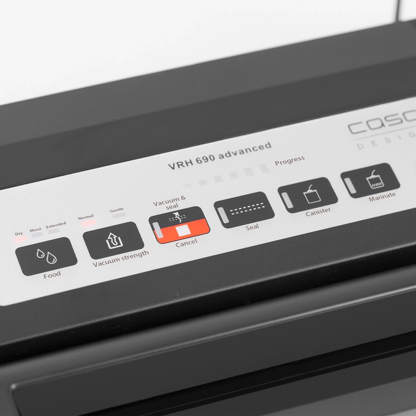 Vacuum sealer with functions: Dry, Moist, Extended, Normal, Vacuum, Seal, Canister, Marinate.