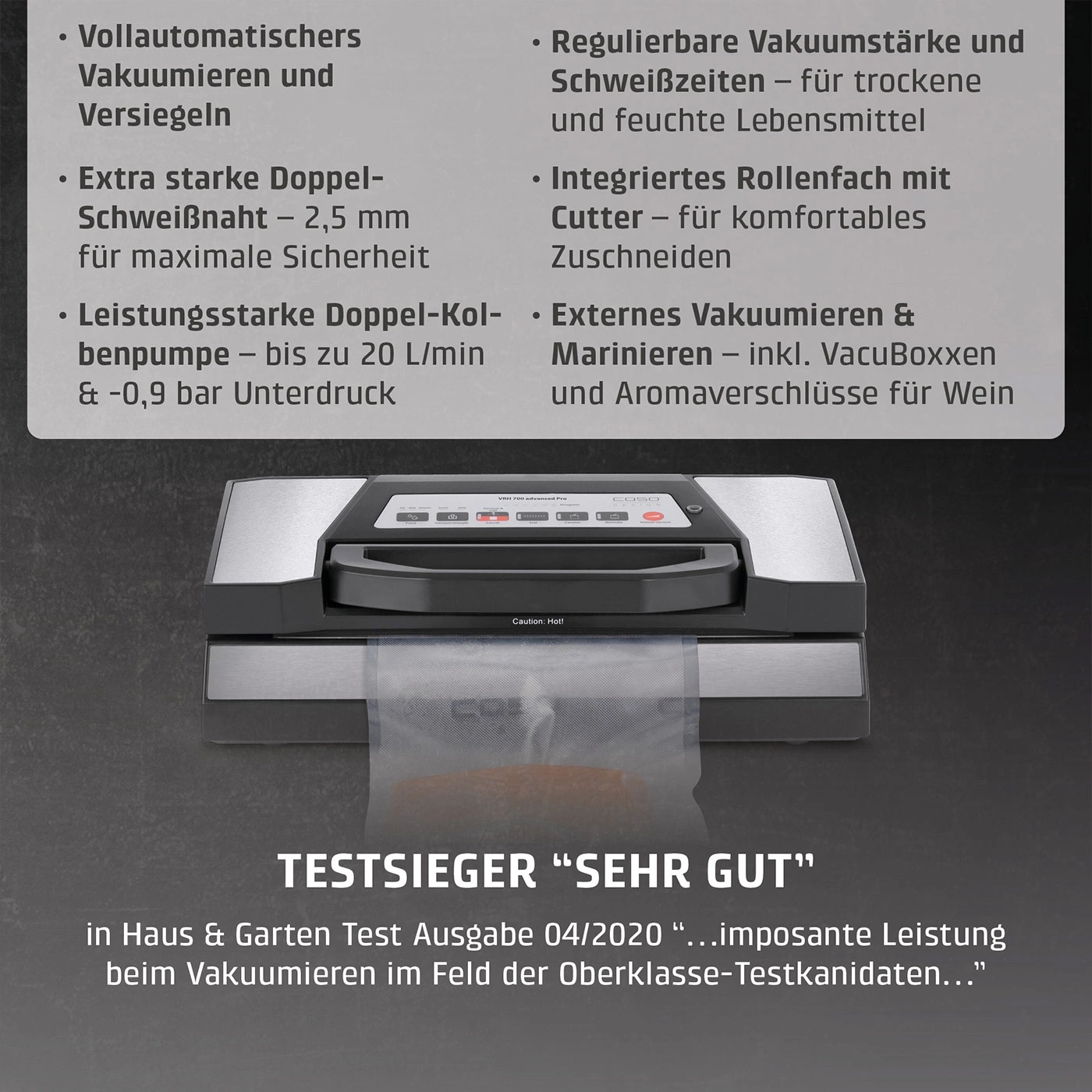 Vollautomatischer Vakuumierer mit Doppel-Schweißnaht und leistungsstarker Pumpe.