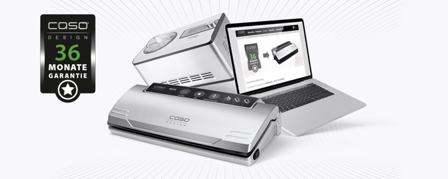 Geräte mit 36 Monate Garantie, Laptop mit Produktseite, Vakuumierer und Eisbereiter