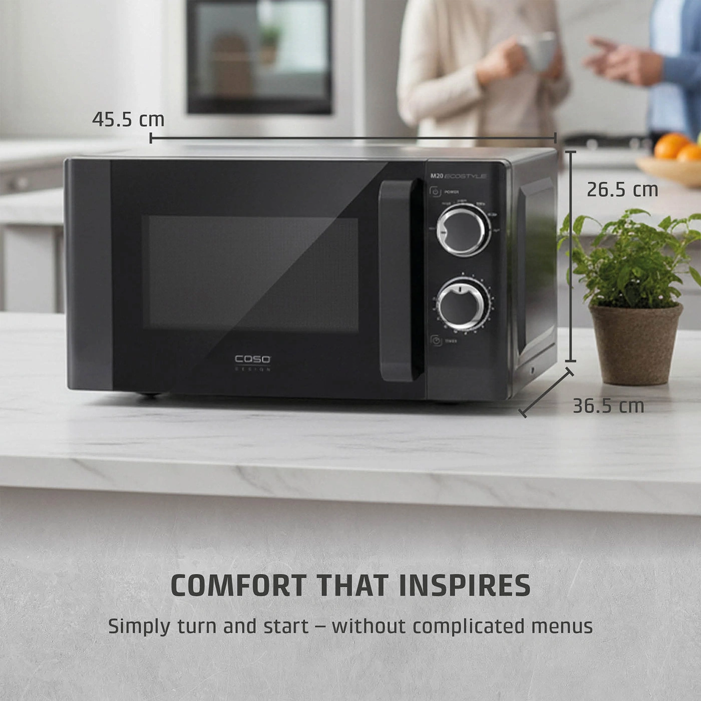 A black microwave with dimensions 45.5 cm, 26.5 cm, and 36.5 cm.