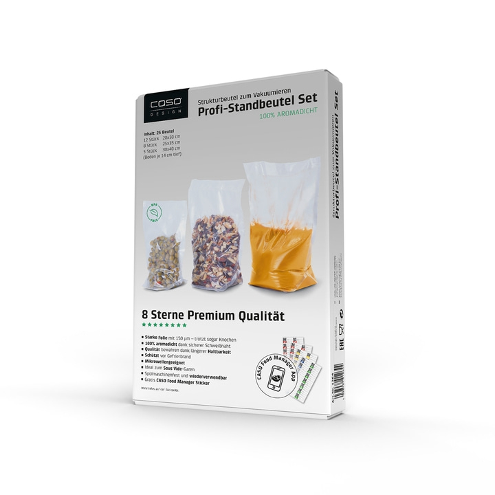CASO Profi-Standbeutel Set, Vakuumbeutel, 25 Beutel, 8 Sterne Premium Qualität, 100% aromadicht
