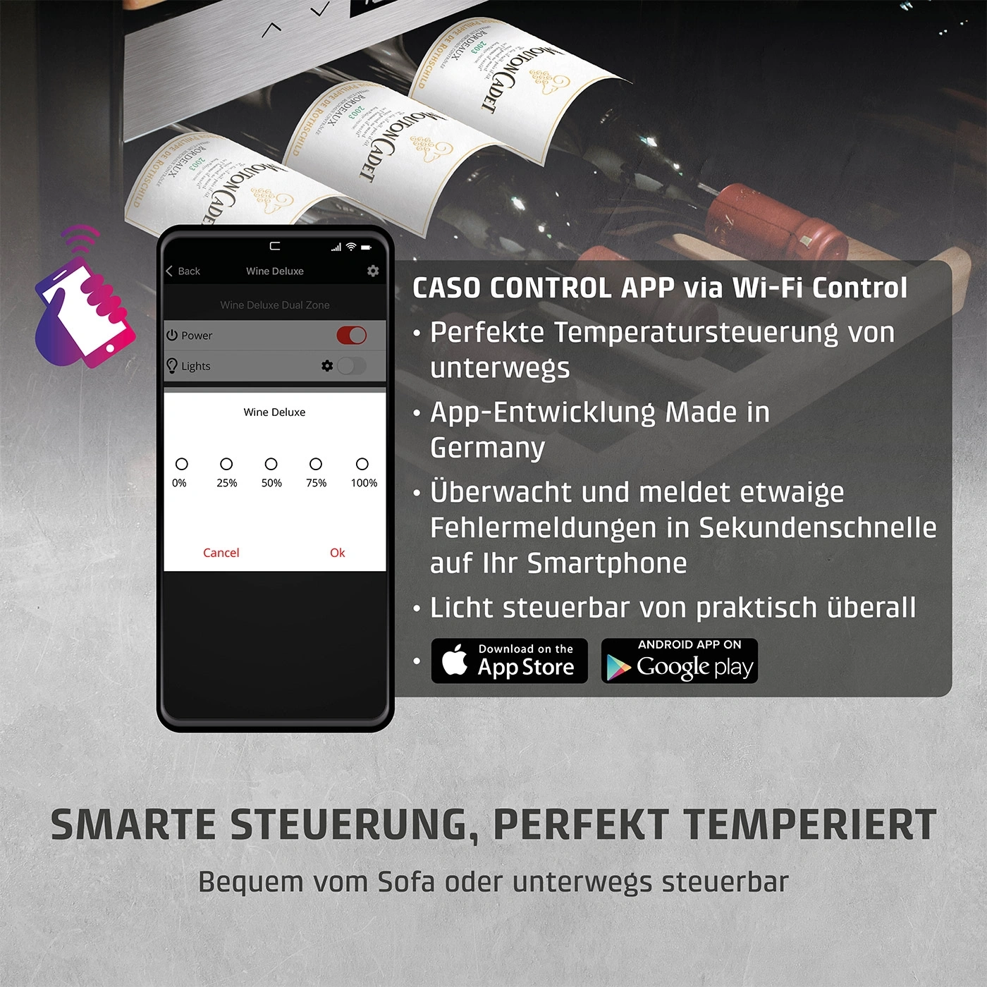 Smartphone-App zur Steuerung von Weinkühlschrank, Temperatur, Licht, Wi-Fi, App Store, Google Play
