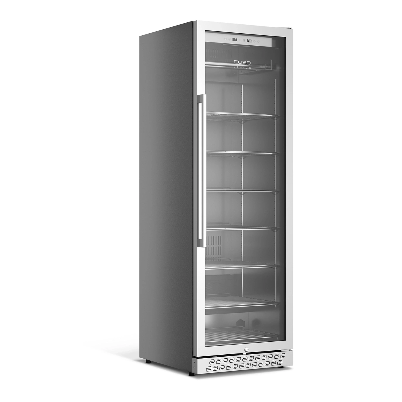 A modern, narrow refrigerator with a glass door and silver shelves.