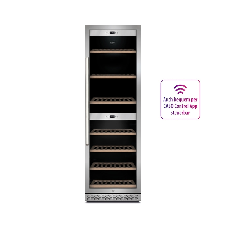 Wine cooler with wooden shelves and digital display, controllable via app.