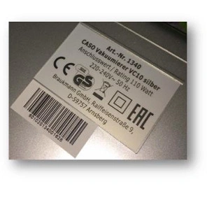 Label with product information of a vacuum sealer, including barcode and technical specifications.