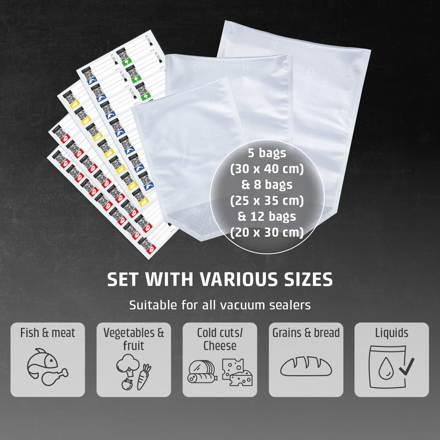 Vacuum bag set with different sizes for food, fish, vegetables, bread, liquids.