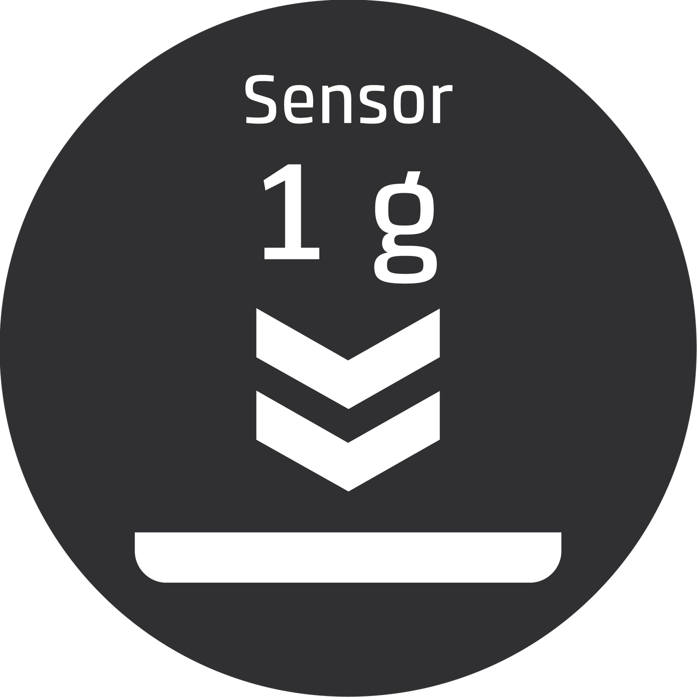 Sensor with 1g range and downward arrow to indicate the direction of measurement.