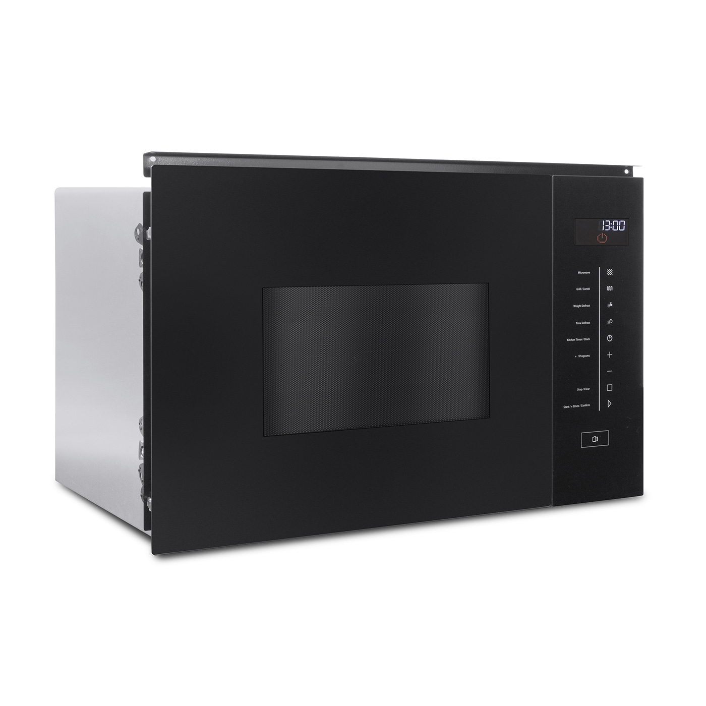 Black microwave with digital display and control panel, isolated on white background.