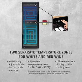 Wine cooler with two temperature zones, LED display, and sensor touch control.
