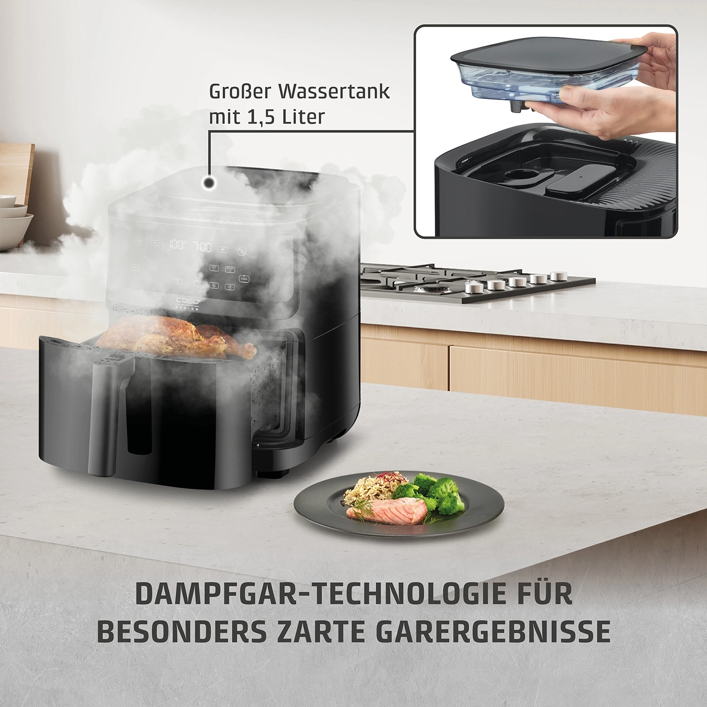 Dampfgarer mit großem Wassertank und zarten Garergebnissen. Essen auf einem Teller.