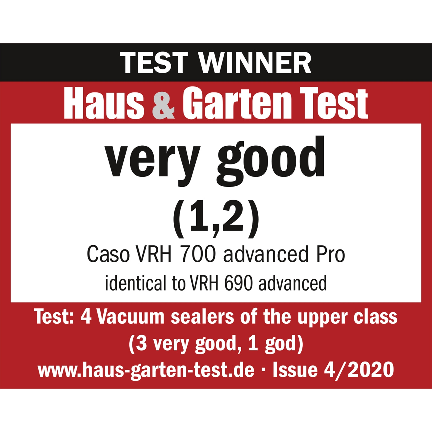 Test winner Haus & Garten Test, very good (1.2) for Caso VRH 700 advanced Pro.