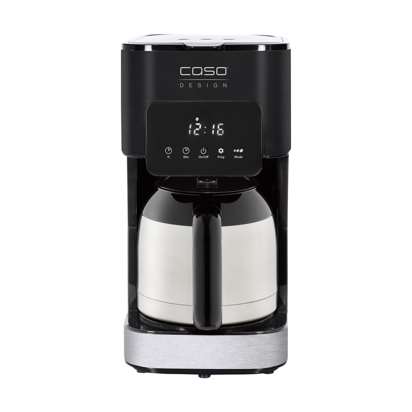 Black coffee machine with digital display and thermal carafe, Caso Design.