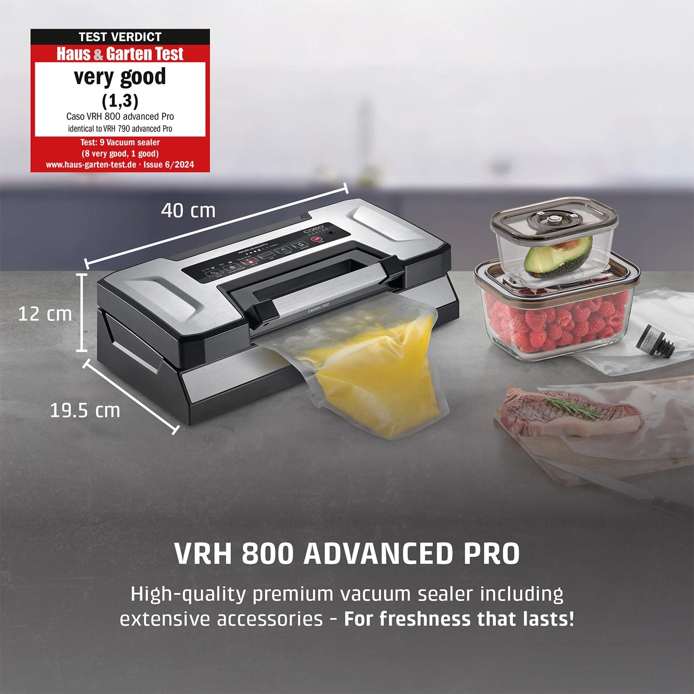 A VRH 800 Advanced Pro vacuum sealer with accessories and dimensions.