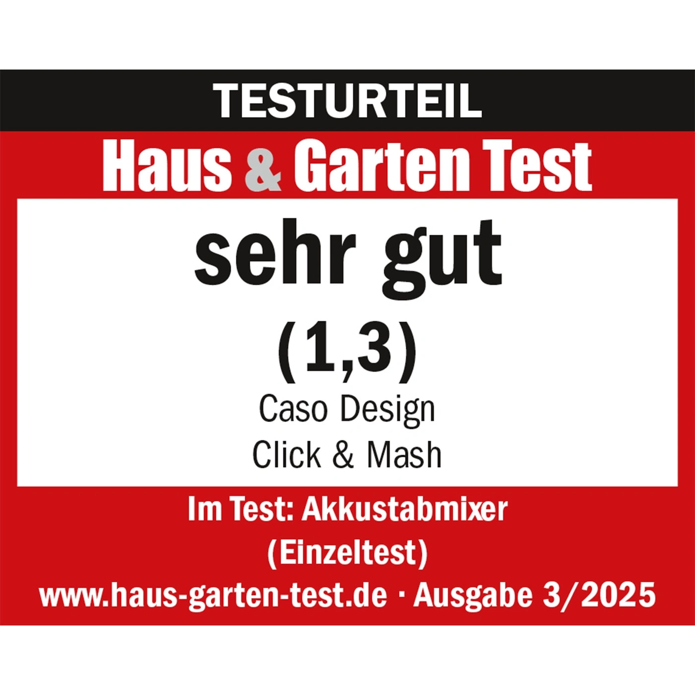 Test result Haus & Garden Test very good (1.3) Caso Design Click & Mash immersion blender issue 3/2025