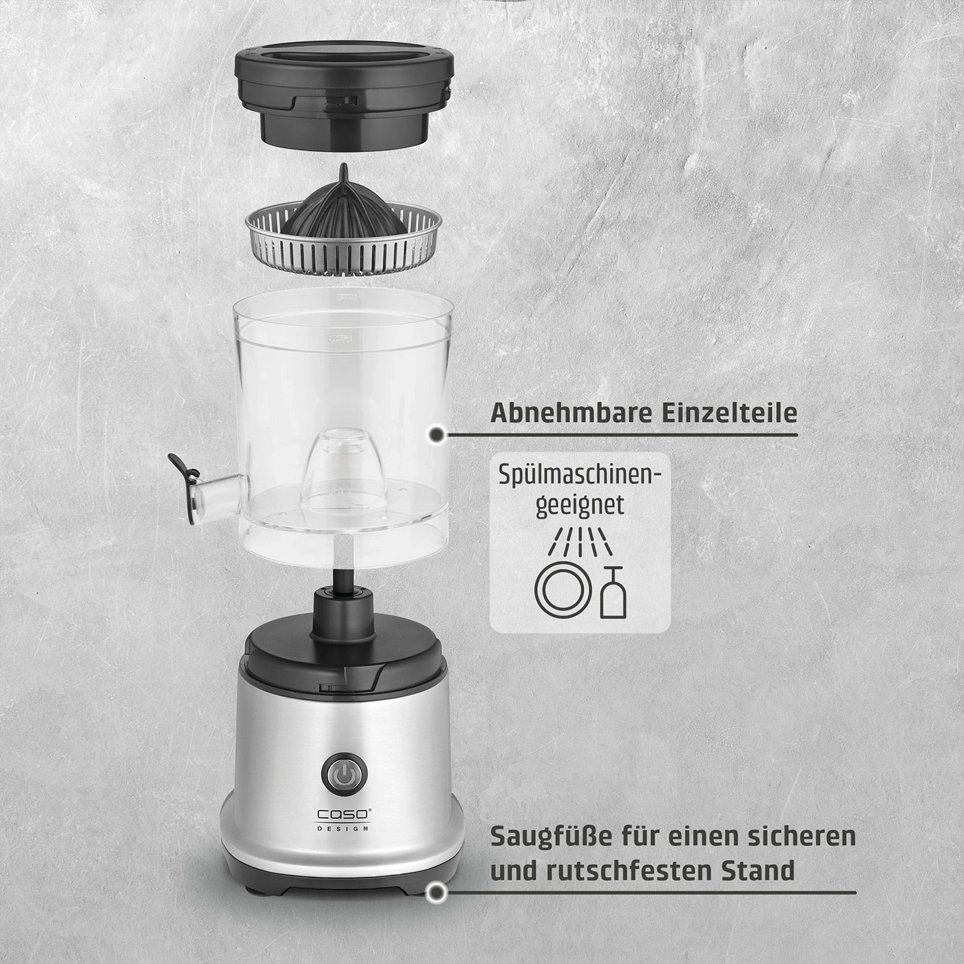 Ein elektrischer Zitruspresse mit abnehmbaren Einzelteilen und Spülmaschineneignung.