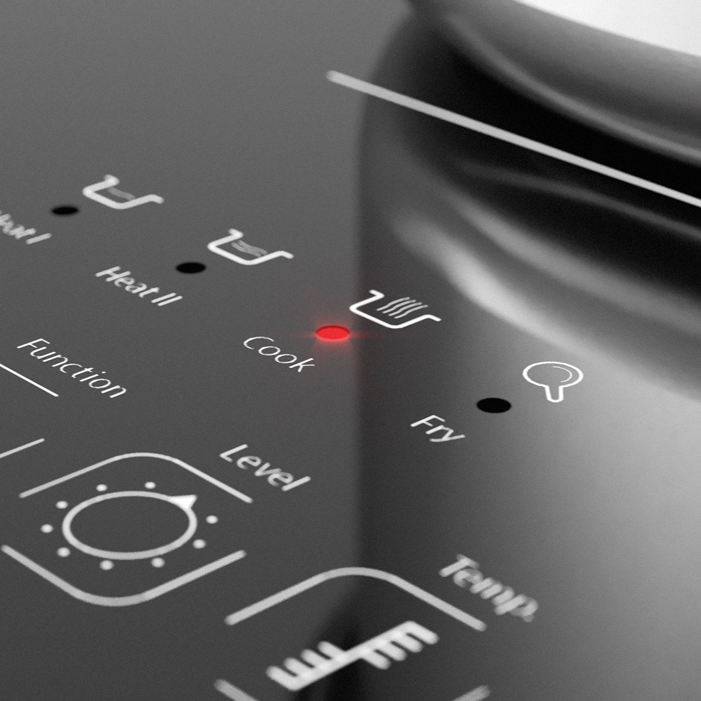 Cooktop with red indicator, cook function active, close-up of control panel