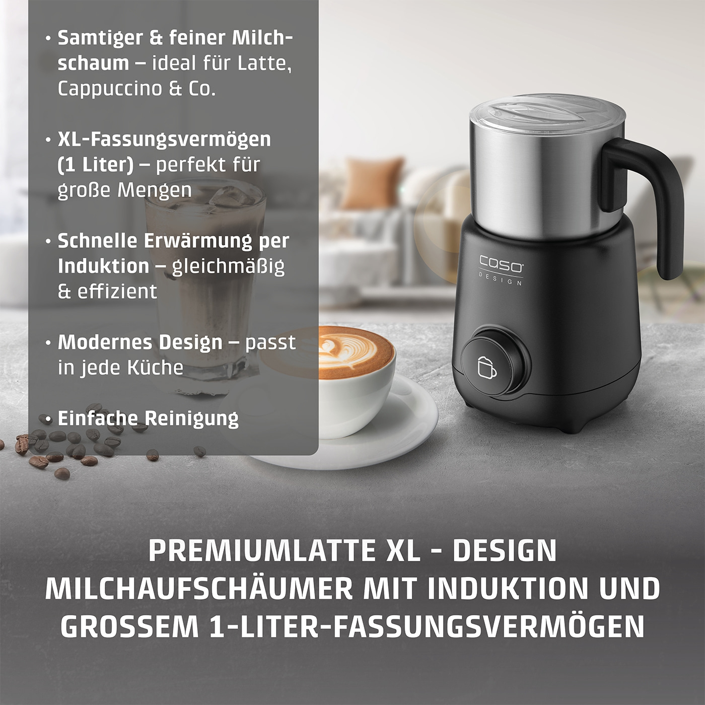 PremiumLatte XL Induktions- Milchaufschäumer für Kuhmilch- und Pflanzendrinks