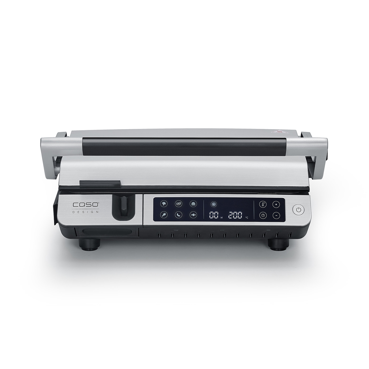 Silver electric contact grill with digital display and controls, COSO Design, kitchen appliance