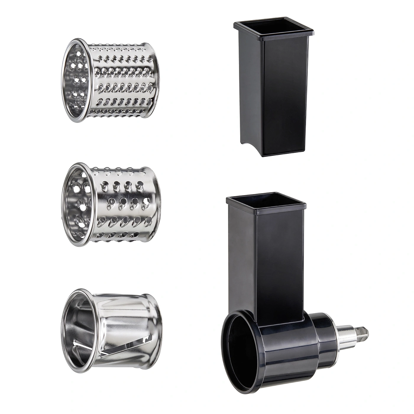 Kitchen appliance with various attachments for grating and slicing food items.