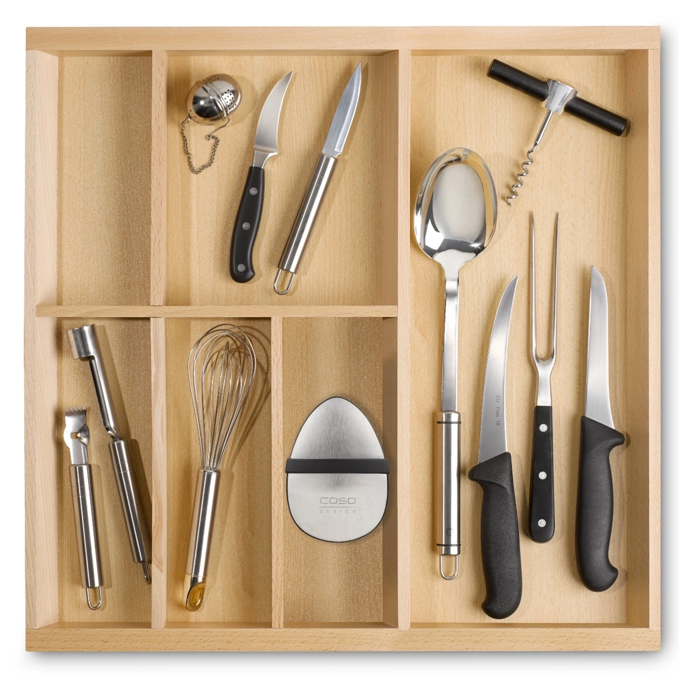 Kitchen utensils in a drawer: knives, whisk, spoon, corkscrew, and other tools.