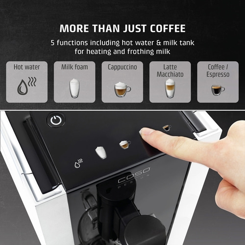 Coffee machine with various functions, including hot water and milk foam options.