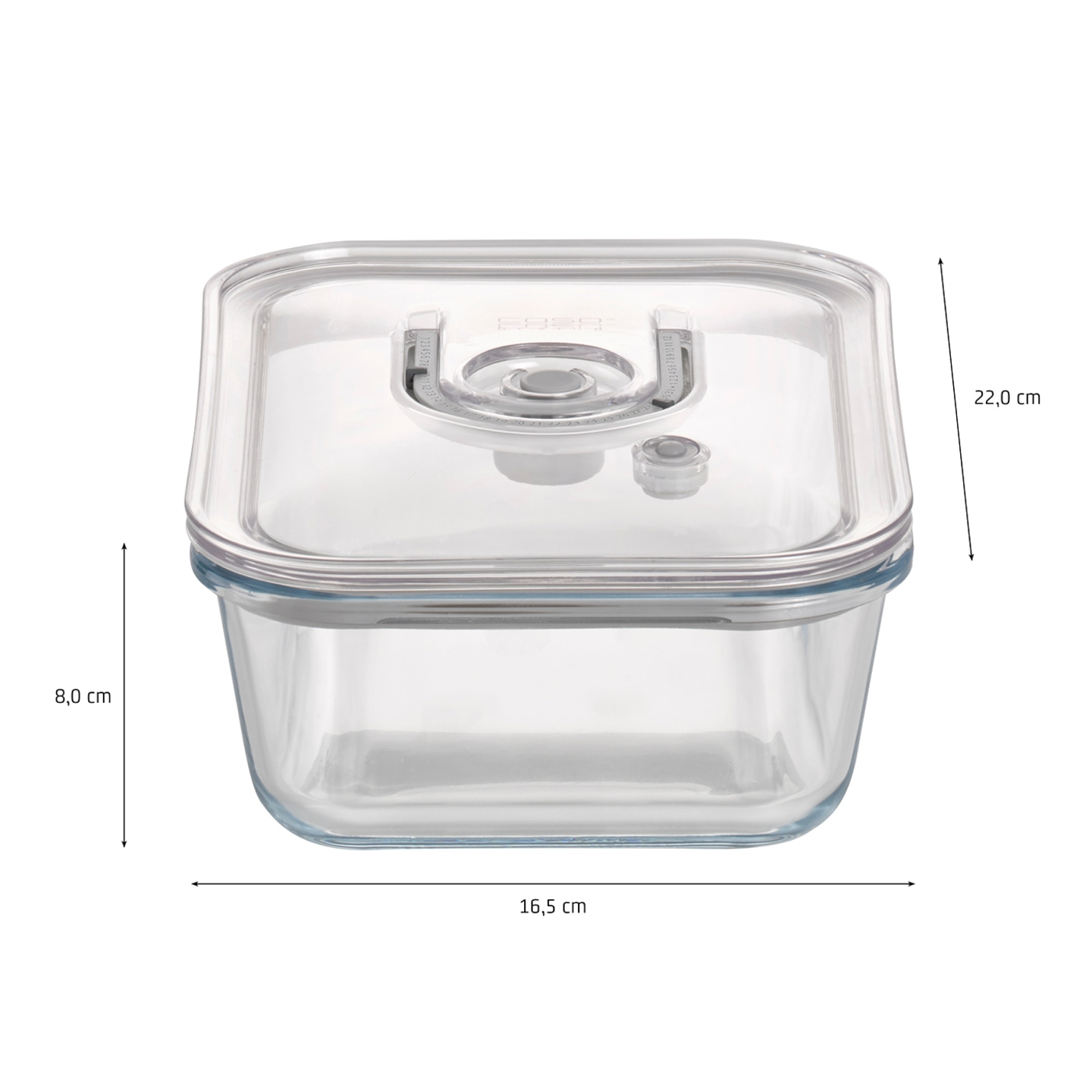 Glass container with lid, dimensions: 22.0 cm x 16.5 cm x 8.0 cm, transparent