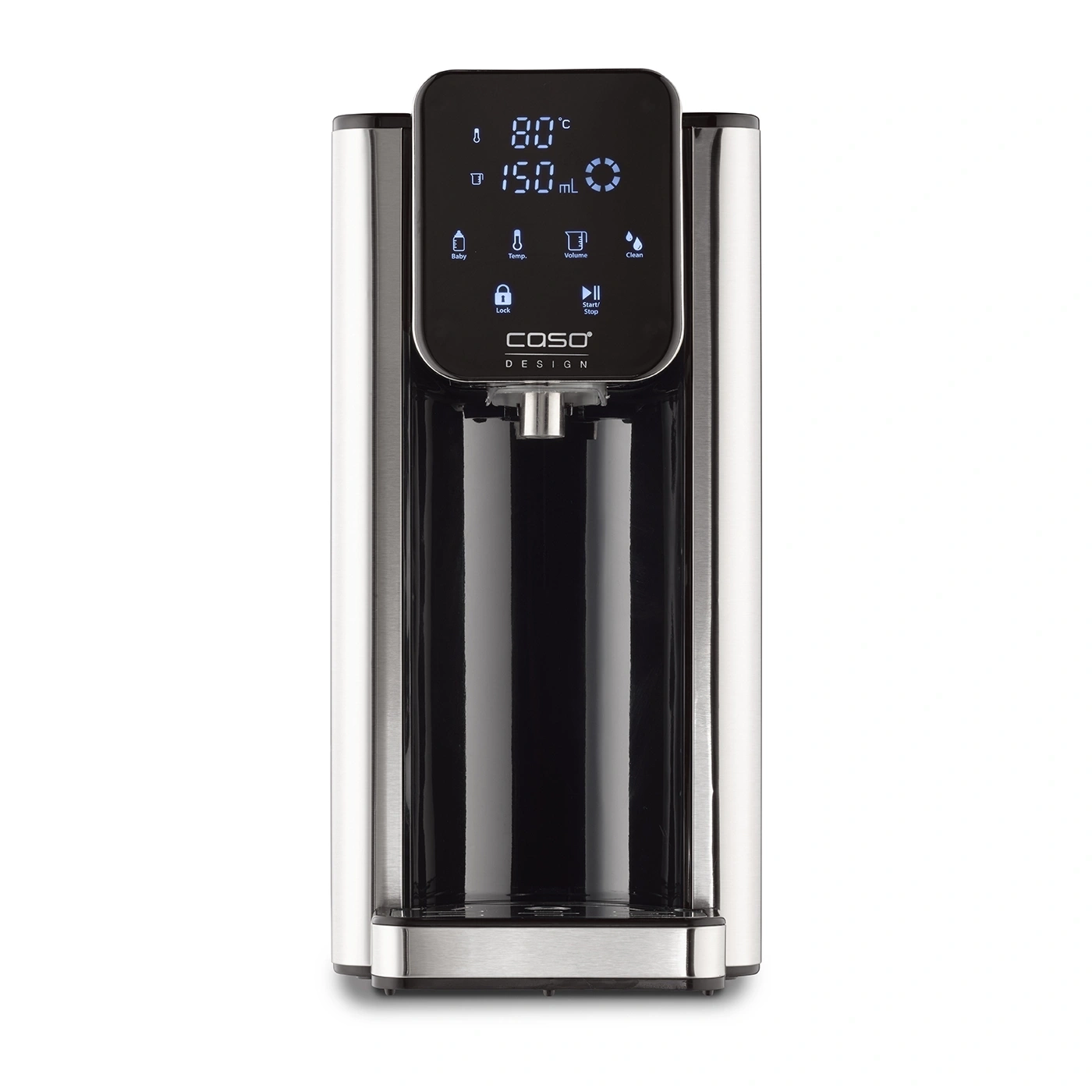 Water boiler with digital display showing temperature and volume settings.