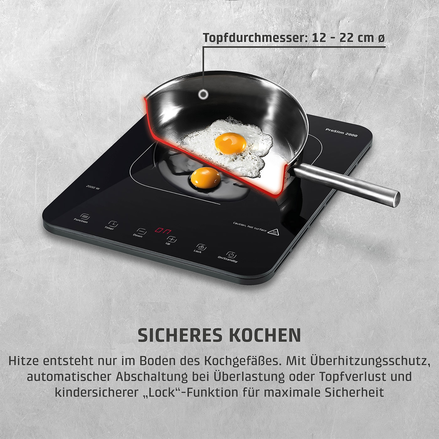 Induktionskochfeld mit Spiegelei, Topfdurchmesser 12-22cm, sicheres Kochen, Lock-Funktion