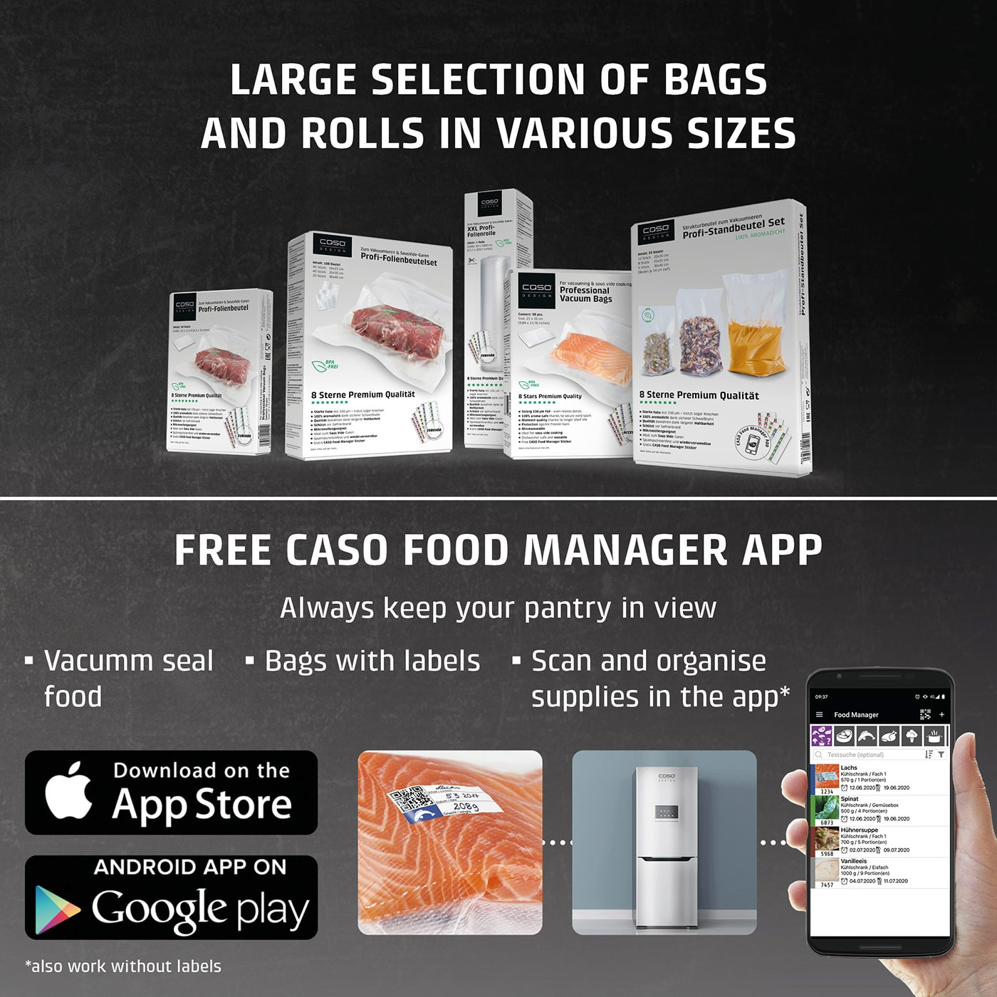 Caso Food Manager App: Vacuum bags, rolls, food, app, scan, label, Google Play, App Store