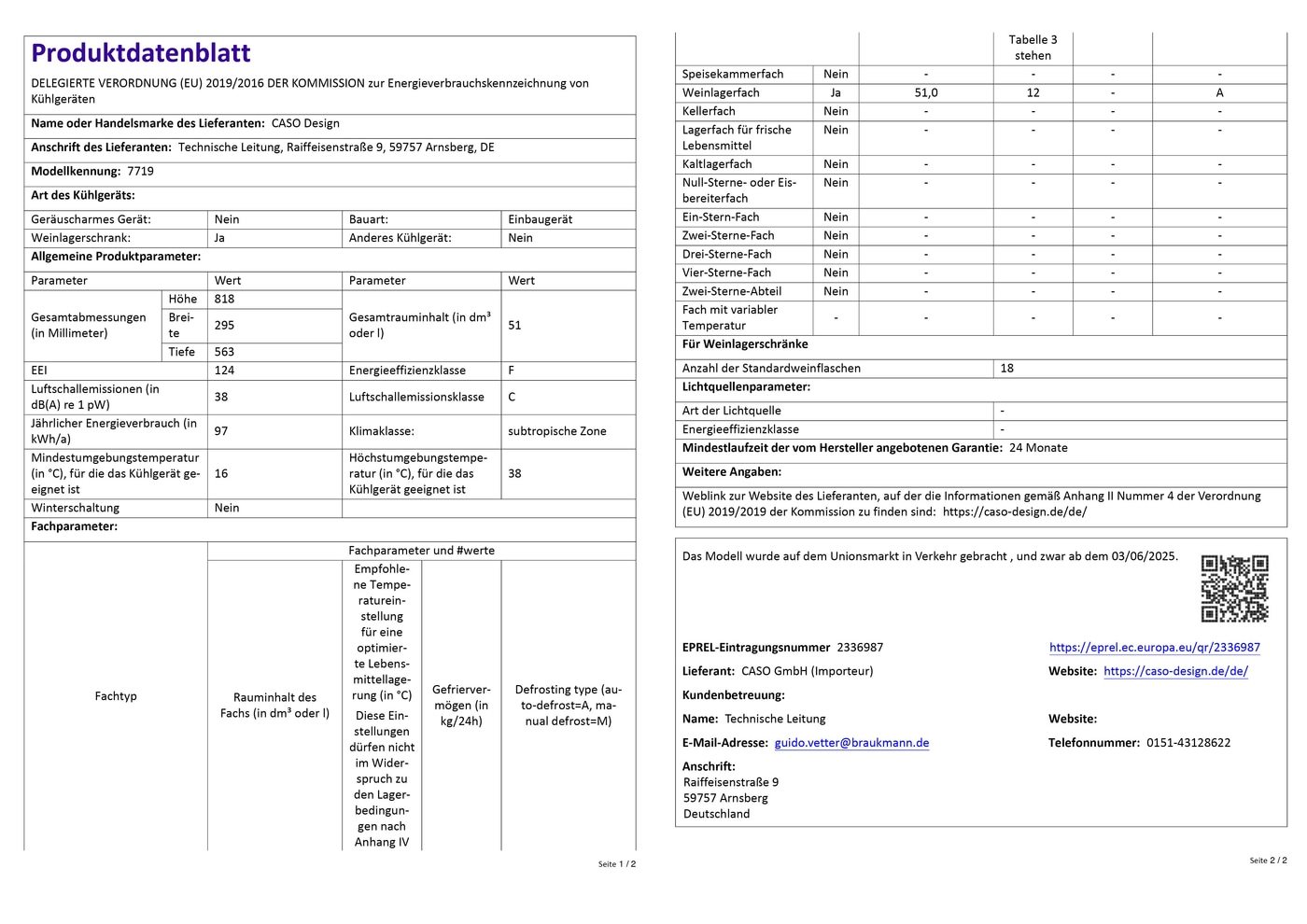 Produktdatenblatt Kühlschrank CASO Design, technische Daten, Energieeffizienzklasse F, Weinlagerfach