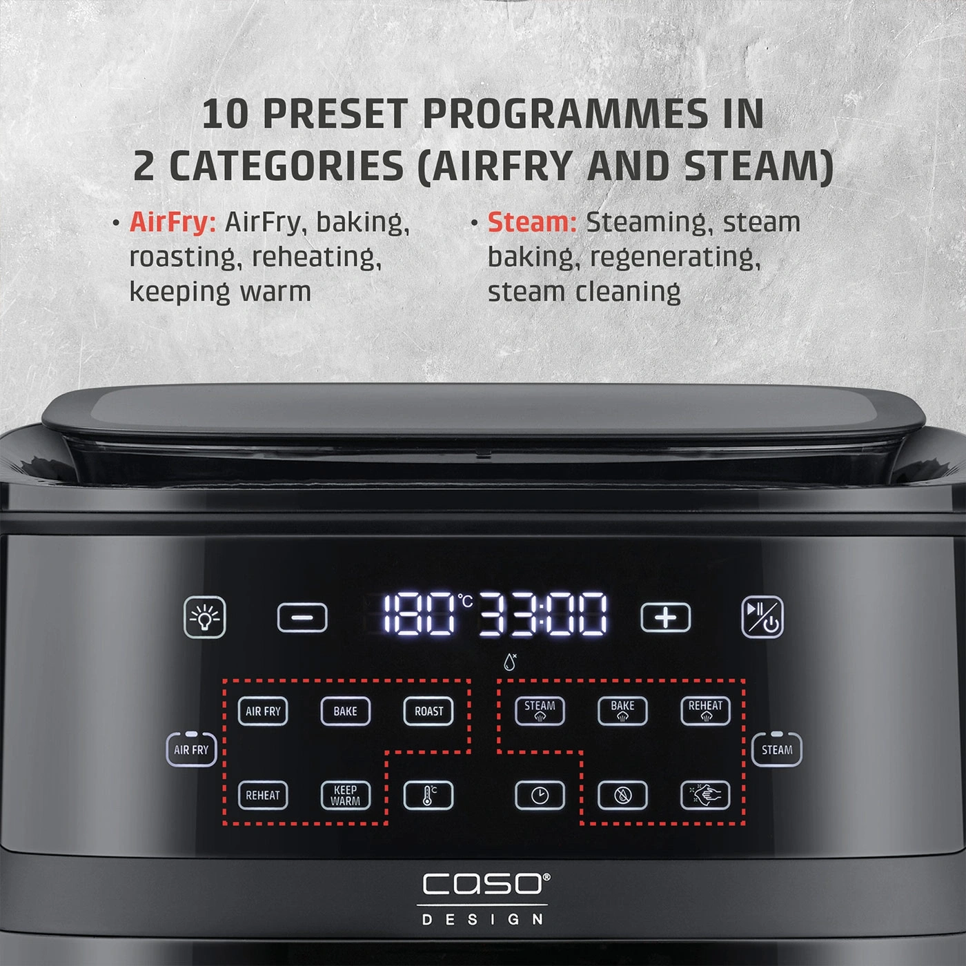 Air fryer with programs: AirFry, Bake, Roast, Reheat, Keep Warm, Steam, Regenerate, and Clean.