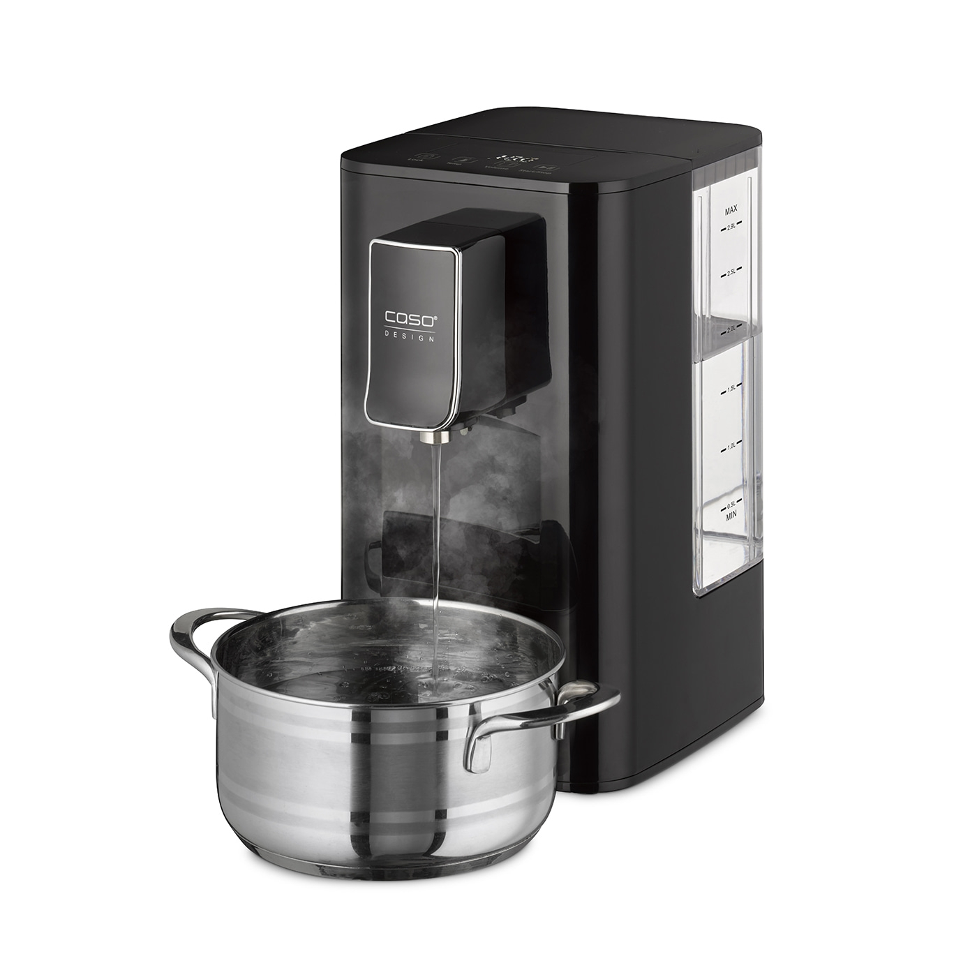 Schwarzer Wasserkocher mit Topf, Dampf und Wasserstandsanzeige