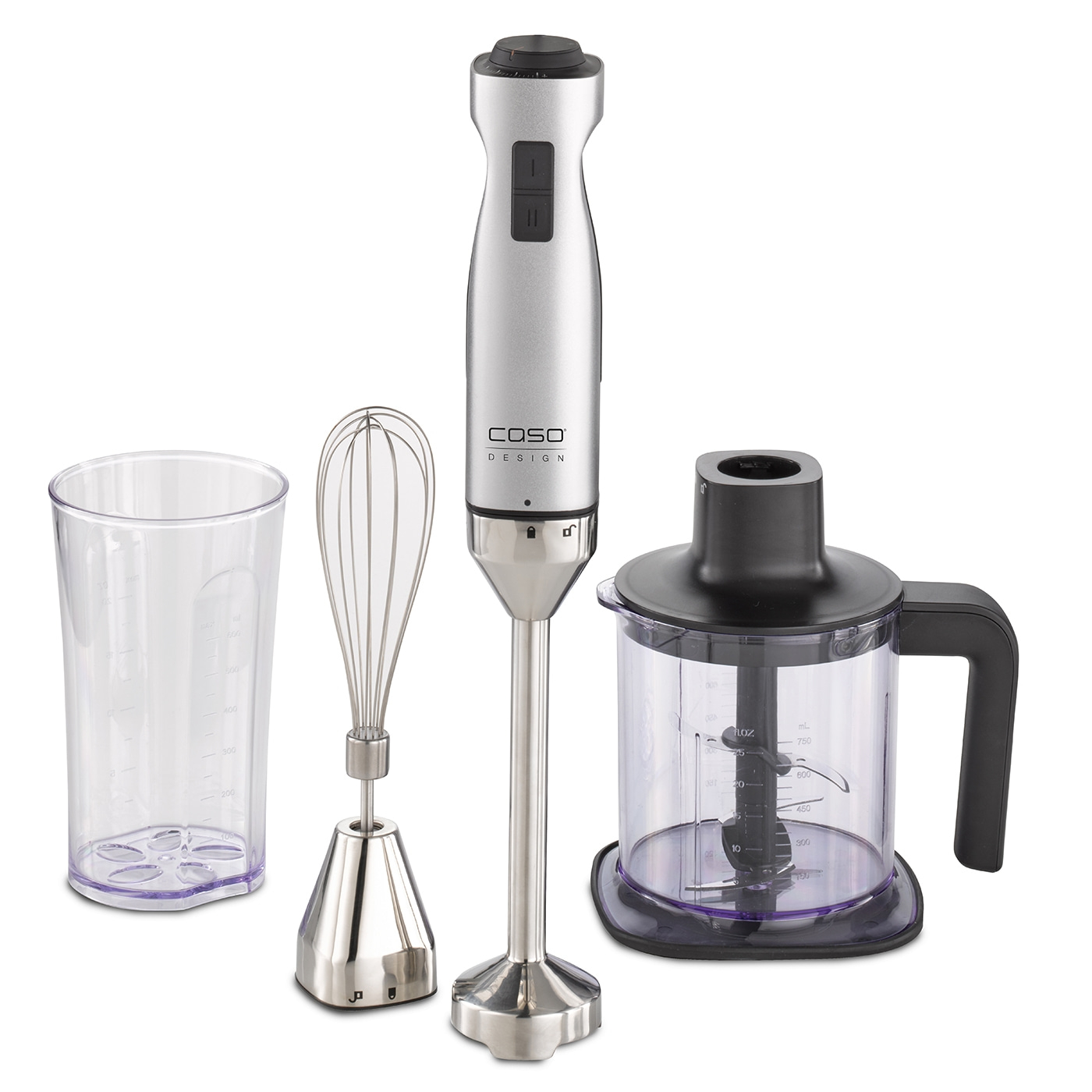 Silver immersion blender set with beaker, whisk, and chopper, design.
