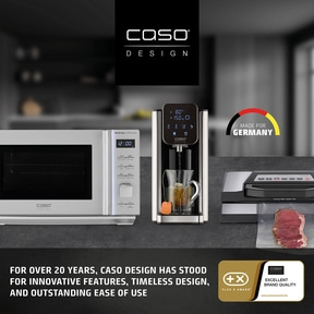 Caso Design microwave, water dispenser, and vacuum sealer with meat.
