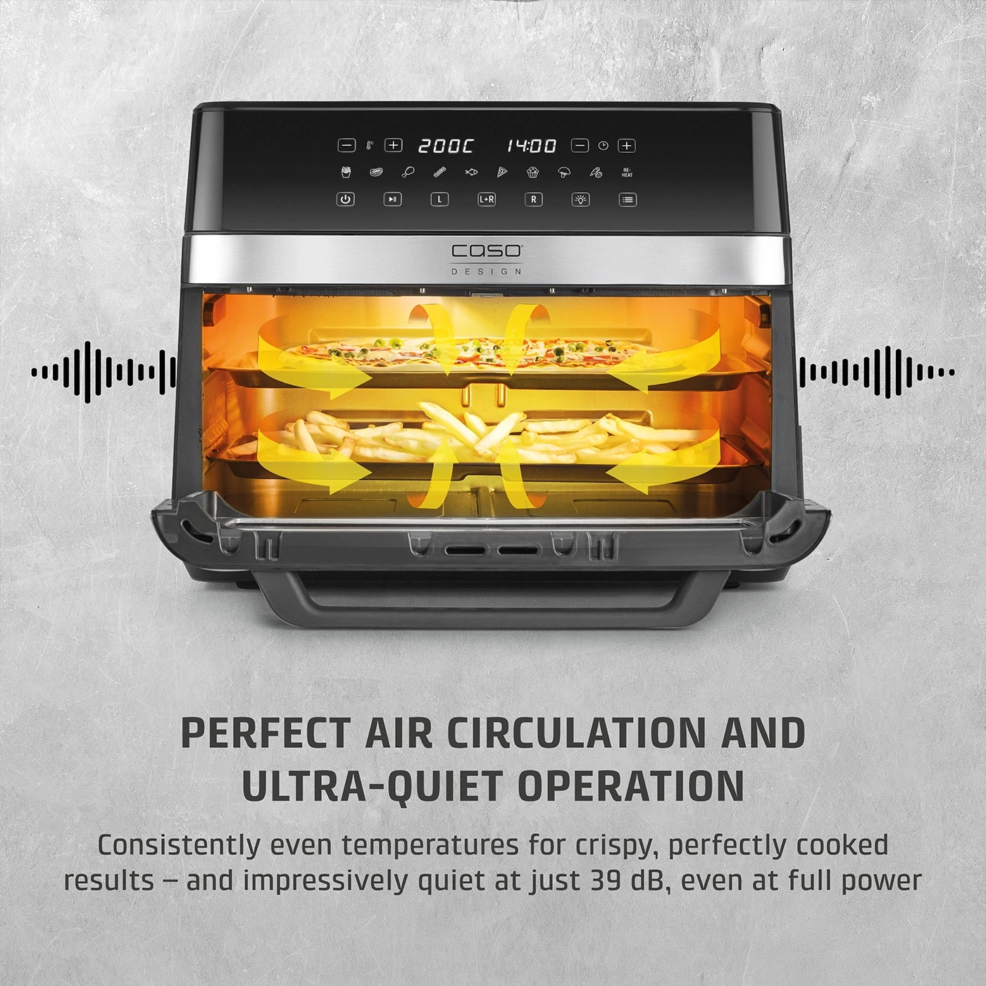 Air fryer with pizza and fries, perfect air circulation, quiet, 39 dB, Caso Design.