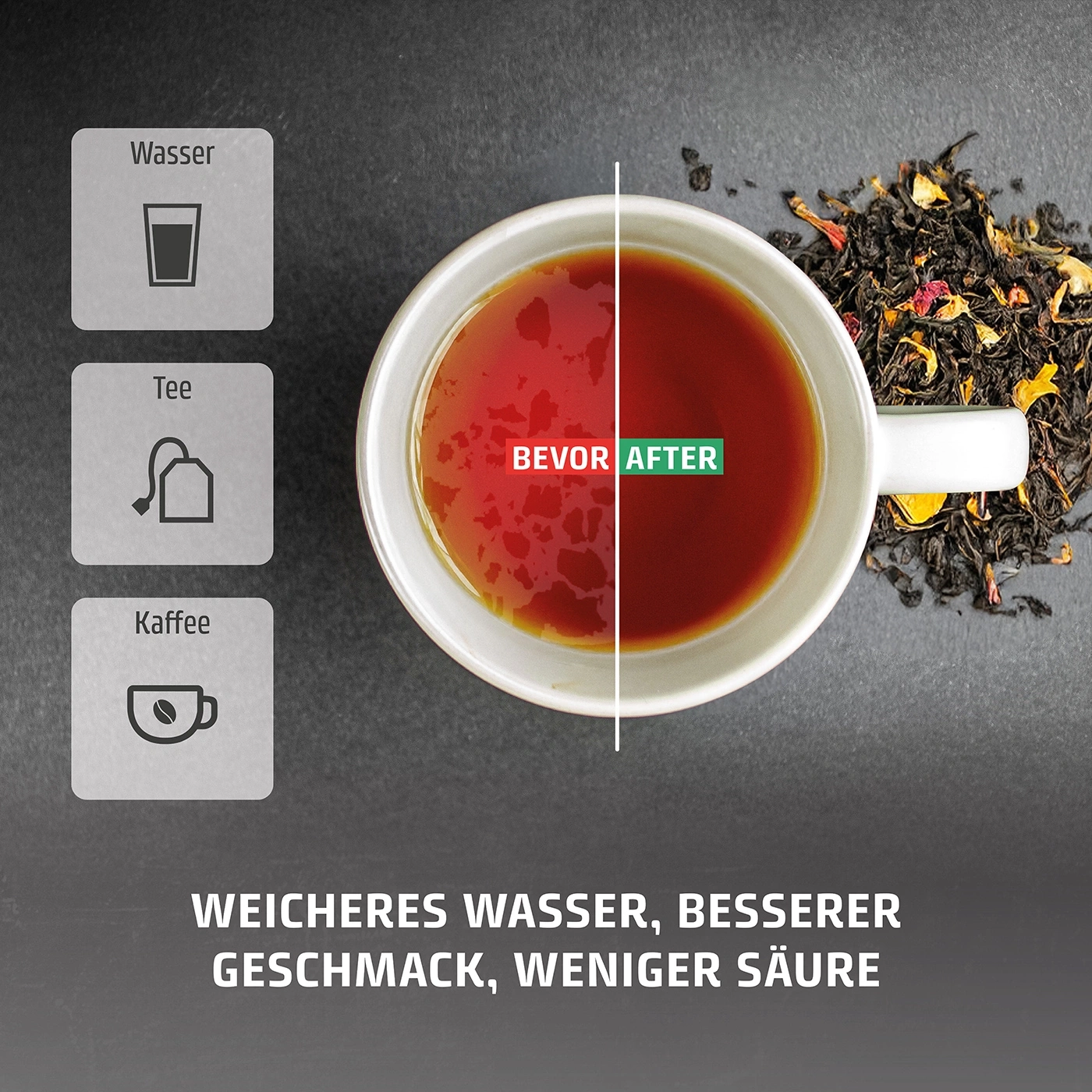 Tee-Vergleich: Vorher und Nachher, weicheres Wasser, besserer Geschmack, weniger Säure.