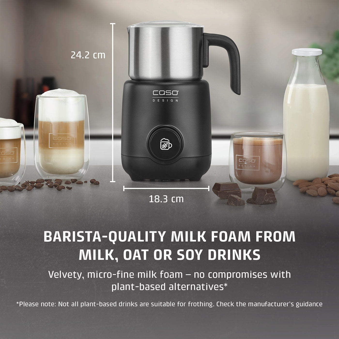 Milk frother with dimensions, coffee, and text about barista milk foam.