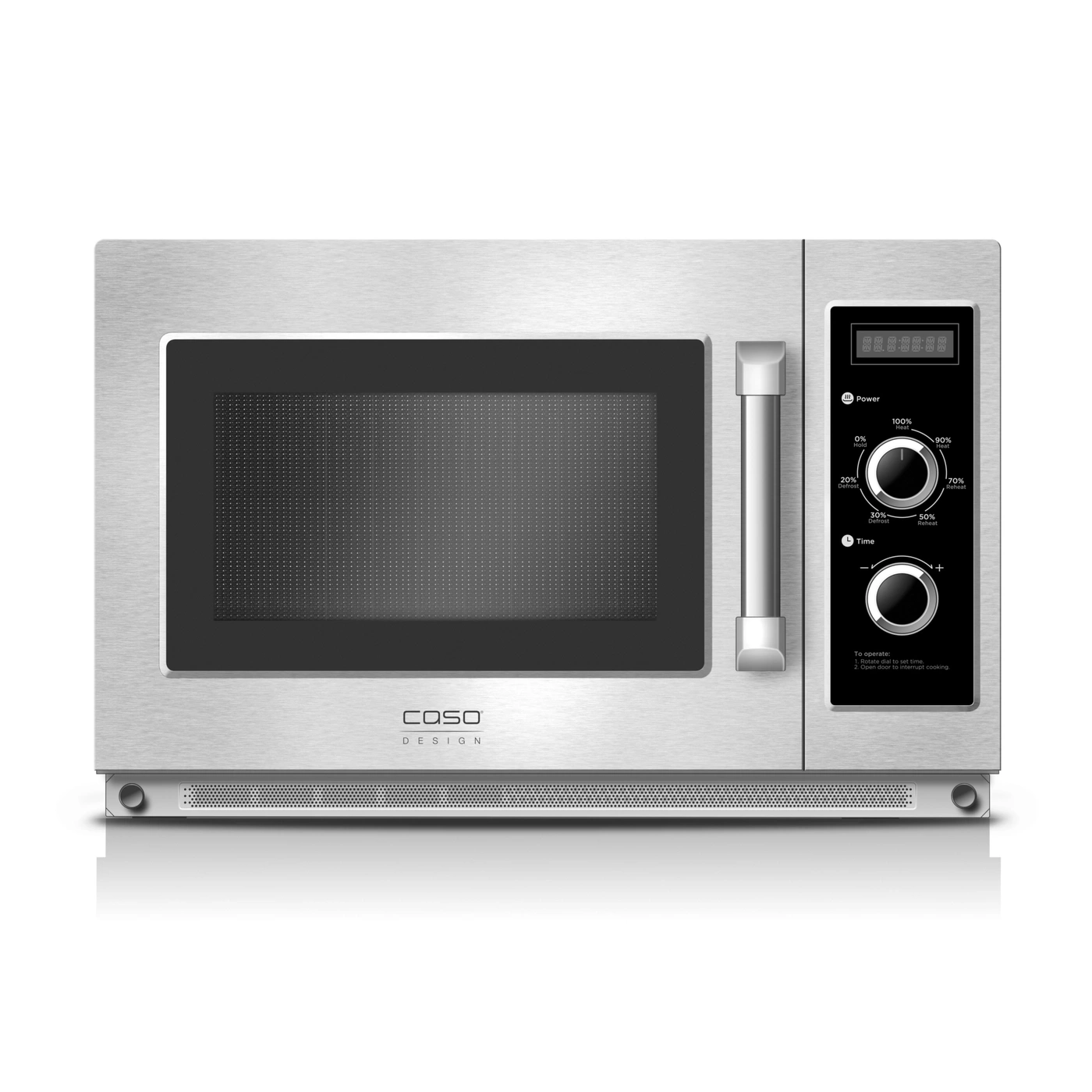 Microwave with control panel, dials, and stainless steel design for the kitchen.