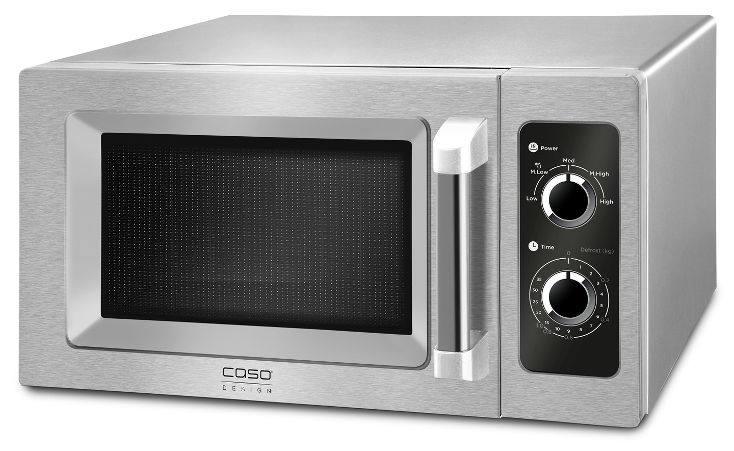 Stainless steel microwave with control panel and dials for power and time settings.