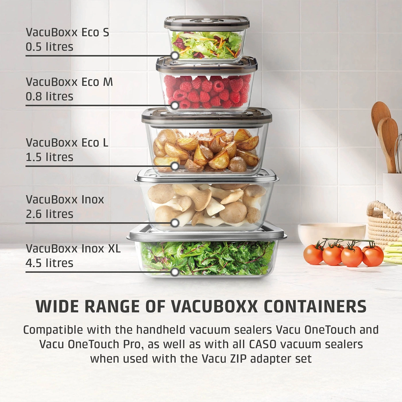 Stack of vacuum containers with various foods, labeled with names and volumes.