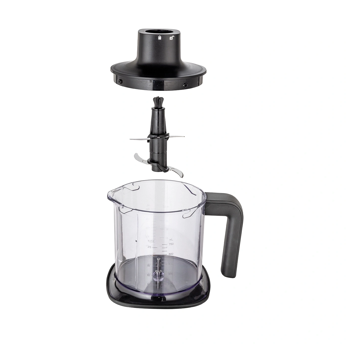 Zerlegter Stabmixer mit Becher und Klingen, bereit zum Mixen von Zutaten.